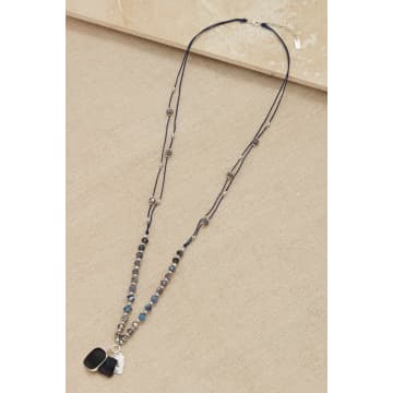 Envy Long Blue Corded Necklace With Blue Faceted Beads And Semi Precious Stone Pendants