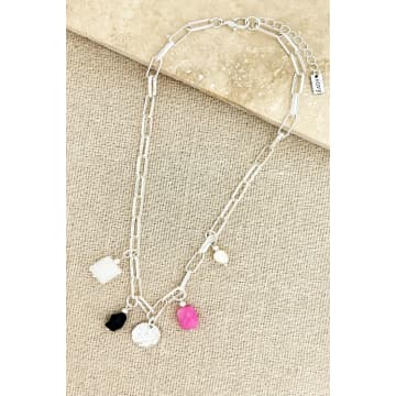 Envy Short Silver Necklace With Pink Black And White Charms In Metallic