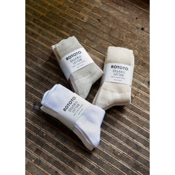 Rototo | Organic Daily 3 Pack Ribbed Socks | Ecru/brown Or Ecru/gray