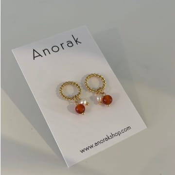Anorak Gold Plated Twisted Hoop Earrings Red Pearl Beads