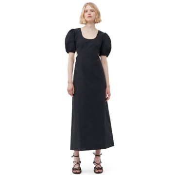Ganni Short Sleeve Cotton Poplin Cutout Dress In Black