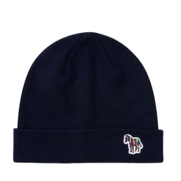 PS BY PAUL SMITH NAVY LAMBSWOOL RIBBED ZEBRA LOGO BEANIE HAT