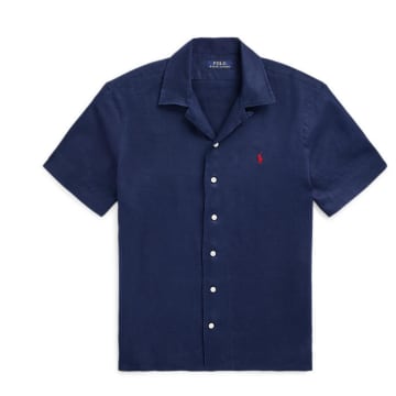 Shop Ralph Lauren Navy Blue Short Sleeved Linen Classic Sports Shirt