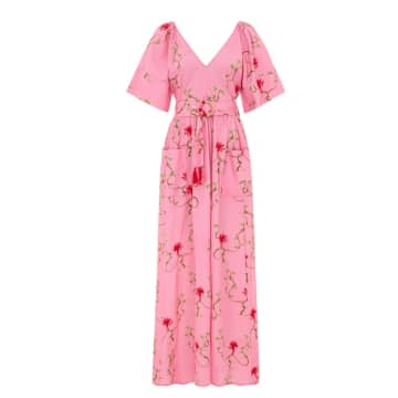 Hayley Menzies Birds Of Utopia Embroidered Kimono Sleeve Cotton V Neck Maxi Dress In Pink