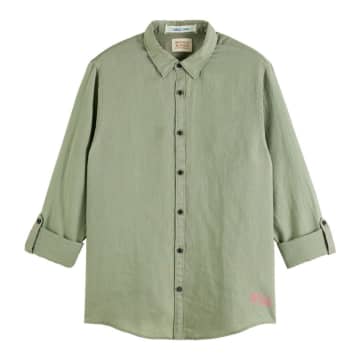 Scotch & Soda Linen Shirt With Roll Up In Green