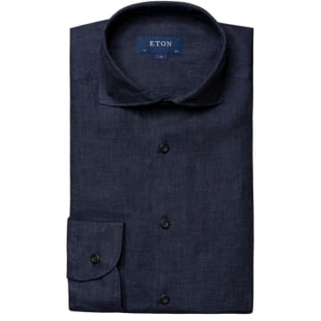 Shop Eton Navy Linen Contemporary Fit Shirt In Blue