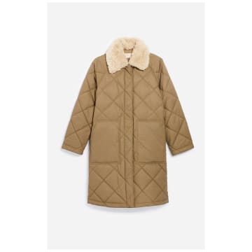 Vanessa Bruno Boy Quilted Long Coat With Sherpa Collar In Kaki