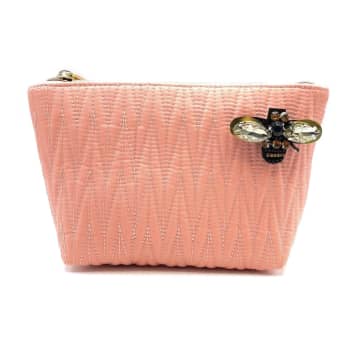 Sixton London Large Quilted Recycled Nylon Make Up Bag With Bumblebee Pin | Peach