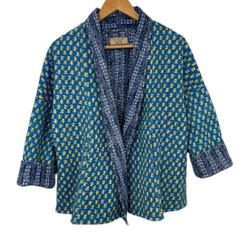 Behotribe  &  Nekewlam Jacket Cotton Kantha Reversable Blue Yellow Floral