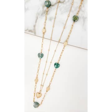Envy Long Gold Double Layer Necklace With Green Glass Hearts