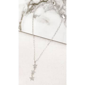 Envy Short Silver Link Necklace With A Drop Pendant Of Diamante Stars In Metallic