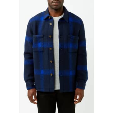 Portuguese Flannel Navy Plaid Fleece Overshirt In Blue