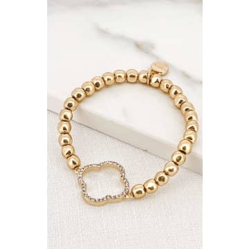 Envy Gold Bead Stretch Bracelet With Open Diamante Fleur