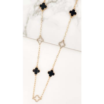 Envy Long Gold Necklace With Diamante And Black Fleurs
