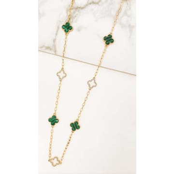 Envy Long Gold Necklace With Diamante And Green Fleurs