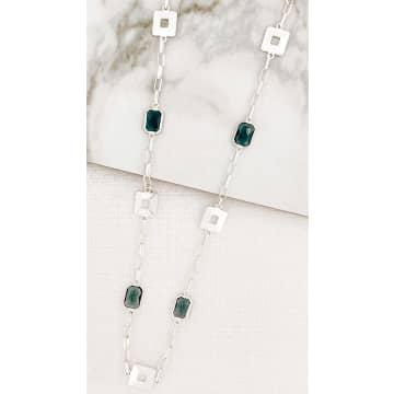 Envy Long Silver Necklace With Silver Squares And Grey Faceted Cristals In Metallic