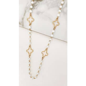 Envy Long Gold And Pearl Necklace With Fleur Design