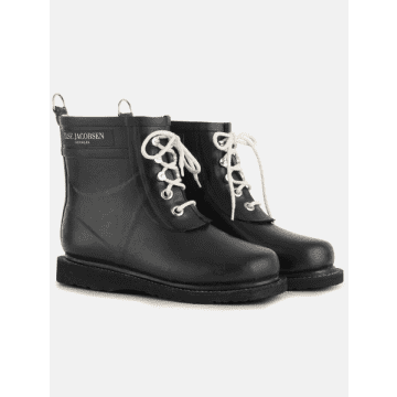 Ilse Jacobsen Short Black Rubber Lace Up Wellington Boots