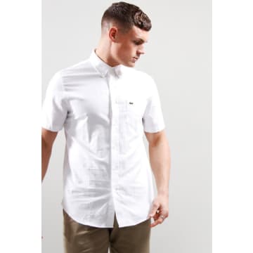 Lacoste Mens White Logo-embroidered Regular-fit Linen Shirt