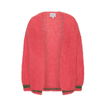American Dreams Olivia Cardigan In Coral Red With Jade Green Lurex In Pink