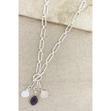 Envy Long Silver Link Necklace With Semi Precious Charms In Metallic