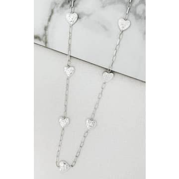Envy Long Silver Necklace With Battered Hearts In Metallic