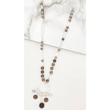 Envy Long Silver Necklace With Grey Semi Precious Beads In Metallic