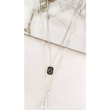 Envy Long Silver Double Layer Necklace With Grey Crystal Pendant In Metallic