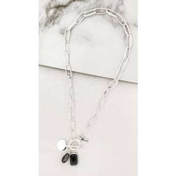 Envy Short Silver Link T-bar Necklace With Grey Crystal Charms In Metallic