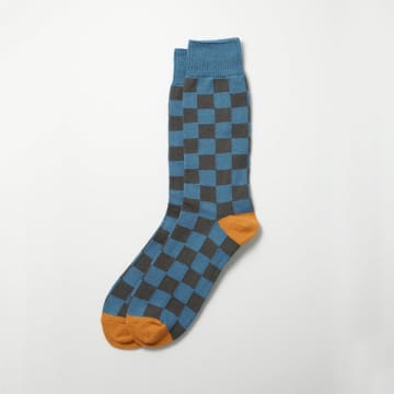 Rototo Checkerboard Crew Socks Light Blue And Dark Grey