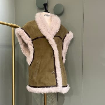 Lou Andrea Khaki "stockholm" Waistcoat In Lamb Fur In Neutrals