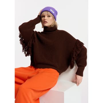 Essentiel Antwerp Ejoy Dark Brown Sweater With Fringes In Brown/brown