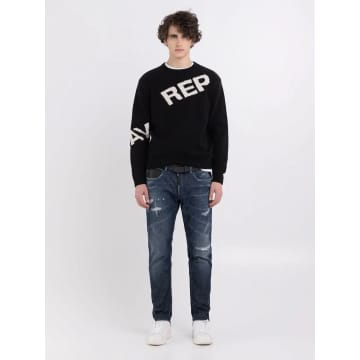 Replay Wool Blend Jumper With Jacquard Logo In Black