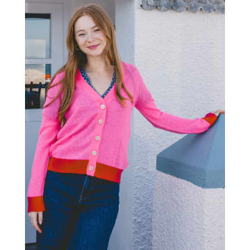 Jumper 1234 Contrast Cashmere Cardigan Sweater In Hot Pink