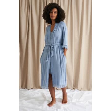 Pretty You London Bamboo Lace Kimono Dressing Gown In Blue Mist