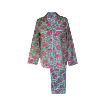 Lime Tree Designs Pink And Green Floral Cotton Block Printed Pyjamas