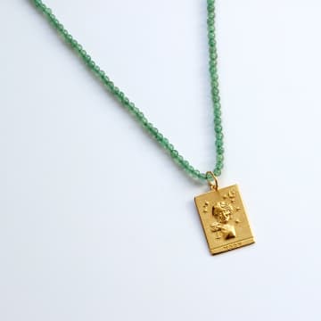 Hermina Athens Aventurine Necklace With Moon Square Tarot Charm In Gold