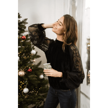 Choklate Velvet Blouse With Lace Sleeves