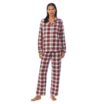 Ralph Lauren Fleece Notch Collar Pyjama In Ivory Plaid