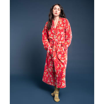 Les Touristes Luxury Velvet Dressing Gown, Bright Blossom Coral In Yellow