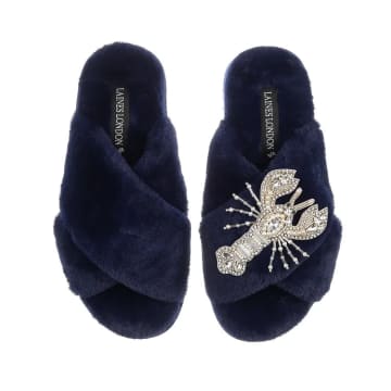 Laines London Navy Slippers With Silver Lobster In Blue