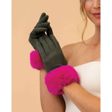 Powder Bettina Faux Suede/faux Fur Gloves In Green