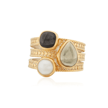 Anna Beck Hypersthene, Pyrite & Pearl Faux Stacking Ring In Gold