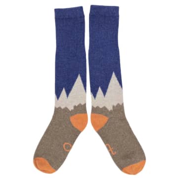 Catherine Tough Ladies Navy & Orange Mountain Lambswool Knee Socks In Blue