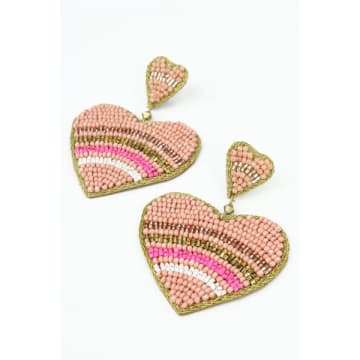 My Doris Light Pink Striped Beaded Heart Drop Earrings
