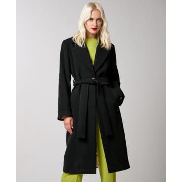 Access Fashion Black Coat With Monogram Button And Belt