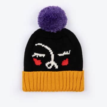 Miss Pompom Abstract Beanie In Black