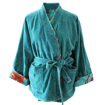Powell Craft Teal Velvet/teal Exotic Flower Cotton Print Reversible Jacket In Green