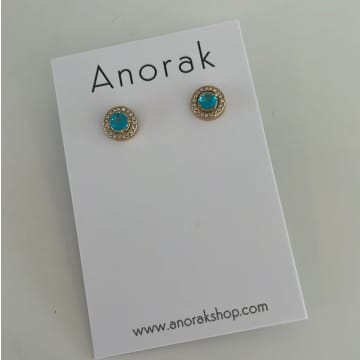 Anorak Gold Plated Sterling Silver Stud Earrings Aquamarine Blue Diamanté