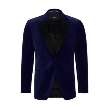 Hugo Boss H-hutson-tux Dark Blue Slim-fit Tuxedo Jacket In Pure-cotton Velvet 50484709 405